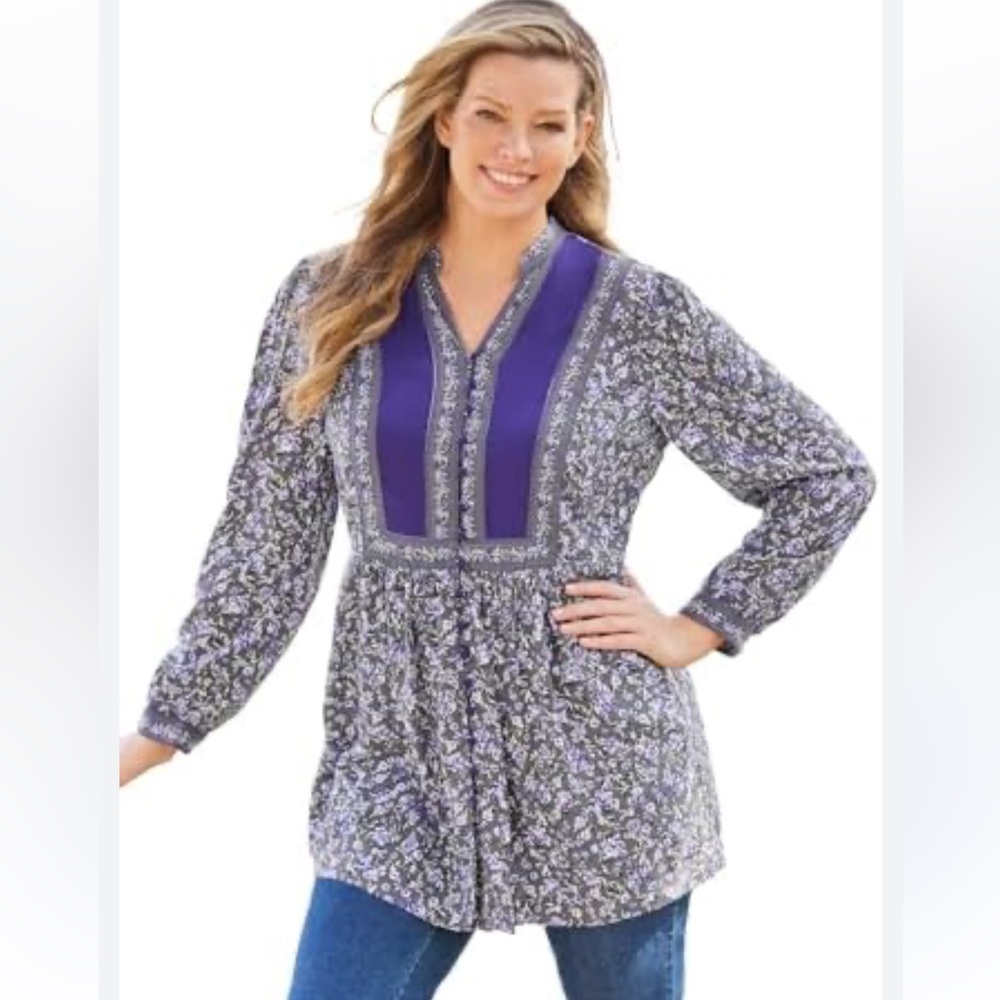 Woman Within Ditsy Floral Boho Tunic Top Size 1X Purple Long Sleeve Peasant
